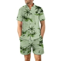 Хавайски два комплекта за мъже Големи и висок тропически принт Небрежен копче с къс ръкав надолу костюми Костюми Удобна модна риза Блуза и къси панталони Зелени XXL