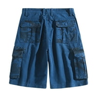 Товарни къси панталони за мъже модерни големи и висок бутон с цип еластична талия много джобове със солиден цвят гащеризон от пет точки спорт къси панталони син xxl