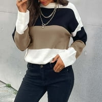 Absuyy Pullover пуловери за жени пачуърк дами дами модни ежедневни райета Intercolor с дълъг ръкав екипаж Knitwear Khaki Размер l
