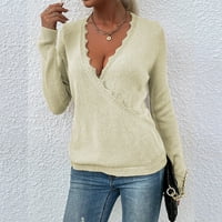 Пуловер за жени v шия свободен годен плетен официален пуловер с дълъг ръкав