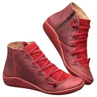 Ботуши за жени с пета червен кръгъл дантелен пръст на краката ежедневни странични кожени обувки с плосък кожен обувки ботуши ботуши ретро женски ботуши