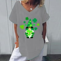 Дамски блузи и върхове облечени ежедневни V Neck St. Patrick Print Тениска с къс ръкав горна блуза сиво xl