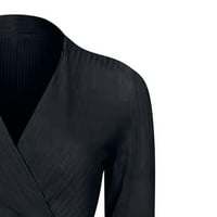 Дамски върхове блуза солидна дълга ръкав ежедневни дами модна v-образна летна туника върхове черни m