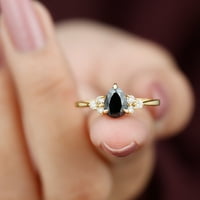 Черен шпинелен годежен пръстен с диамантен трио, крушозарязване шпинел и диамантен пръстен, 14K жълто злато, САЩ 7.00