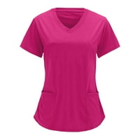 Дамски върхове v-образно разхлабена блуза солиден цвят жени летни ризи с къс ръкав горещо розово xl
