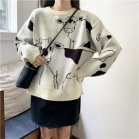 Винтидж небрежен хлабав мързелив крава печат дебел пуловер женски хараджуку женски пуловери японски каваи сладък пуловер