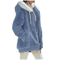 Женски палта якета за жени модни соли зимни разхлабени плюшени плюшени дълги ръкави с цип джобни качулки женски върхове сини s