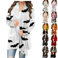 Sksloeg жилетка за жени с дълъг ръкав duster основен плетен жилетка Хелоуин котка тиквена печат отворен преден лек пуловер, лилав l