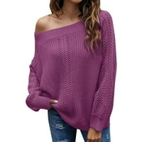 Пуловери с нисък профил за жени за дълги ръкави Небрежни върхове Твърди разхлабени в ръкав на шията Зимна есен плетен пуловер