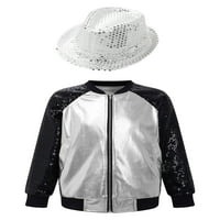 Aislor Girls Boys Disco Party Costume Sequins Metallic Bomber Flight Jacket Hip Hop Jazz Modern Dance Coat With Hat Set Silver 14